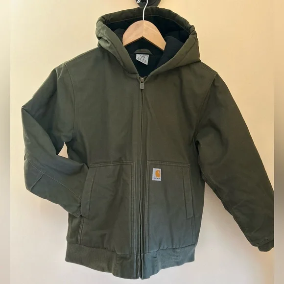 Carhartt Kids Duck Canvas Jacket 10/12 • Quilted Hooded Workwear Coat Green - Picture 2 of 13